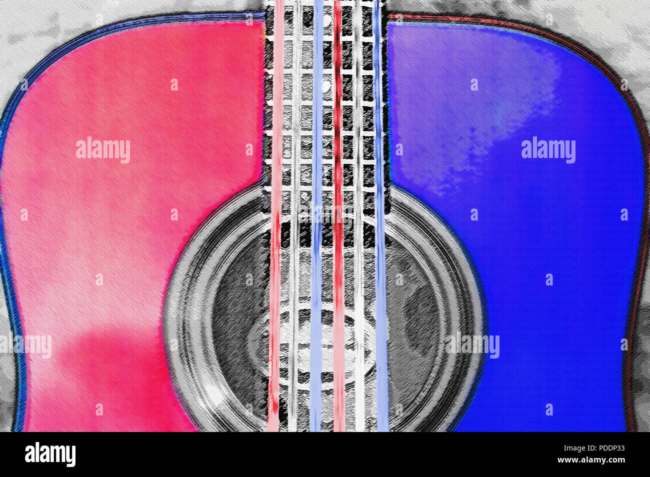 Una vista ravvicinata del corpo di una chitarra acustica. È possibile vedere il ricco colore e la venatura del legno lucido, la sua aggraziata contorni e belle Craftsmanshi Foto Stock
