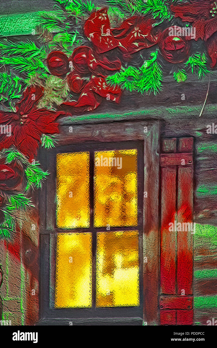 Un vecchio edificio di stile ha una luce calda proveniente dall'interno, attraverso un vetro smerigliato finestra e un decor Christmasy all'esterno. Ph originale Foto Stock