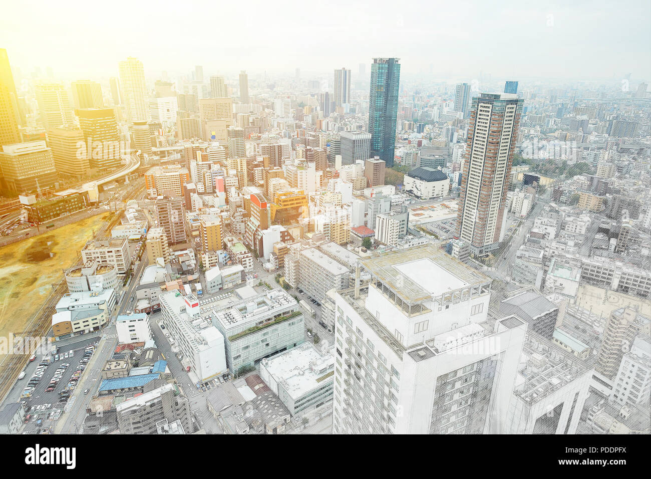 Asia Business concept per il settore immobiliare e costruzione aziendale - panoramico paesaggio urbano moderno edificio bird eye vista aerea sotto sunrise e mattina Foto Stock