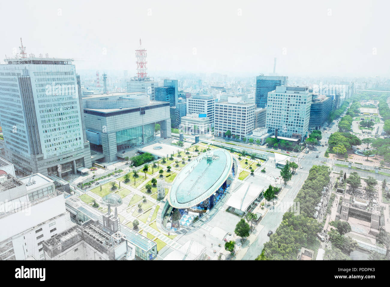 Panoramica della città moderna prospettiva aerea su Nagoya TV Tower, un punto di riferimento di Nagoya. Oasis21, Aichi art center e holly tree plaza sotto la città moderna in Giappone. Foto Stock