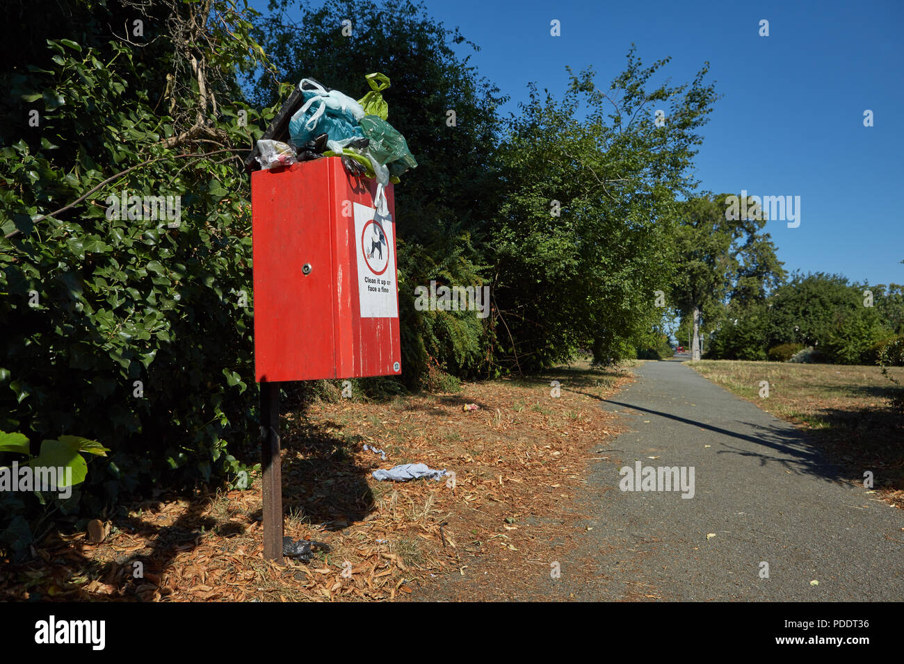 Un dog poo bin traboccante di Dog Poo Bags su uno dei giorni più caldi di estate 2018 Foto Stock