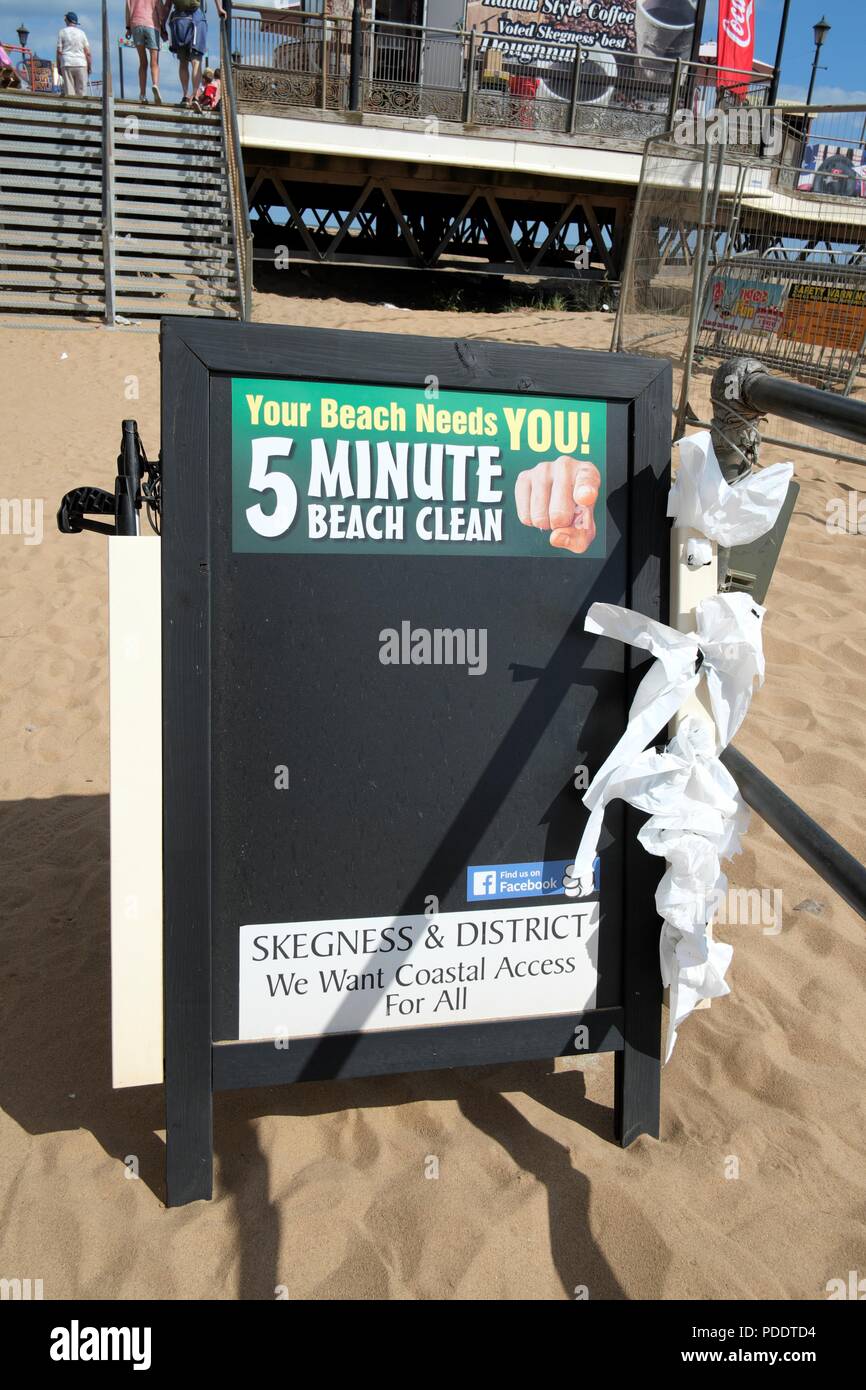 5 minuto spiaggia pulita segno di volontariato,Skegness,lincolnshire,l'Inghilterra,UK Foto Stock