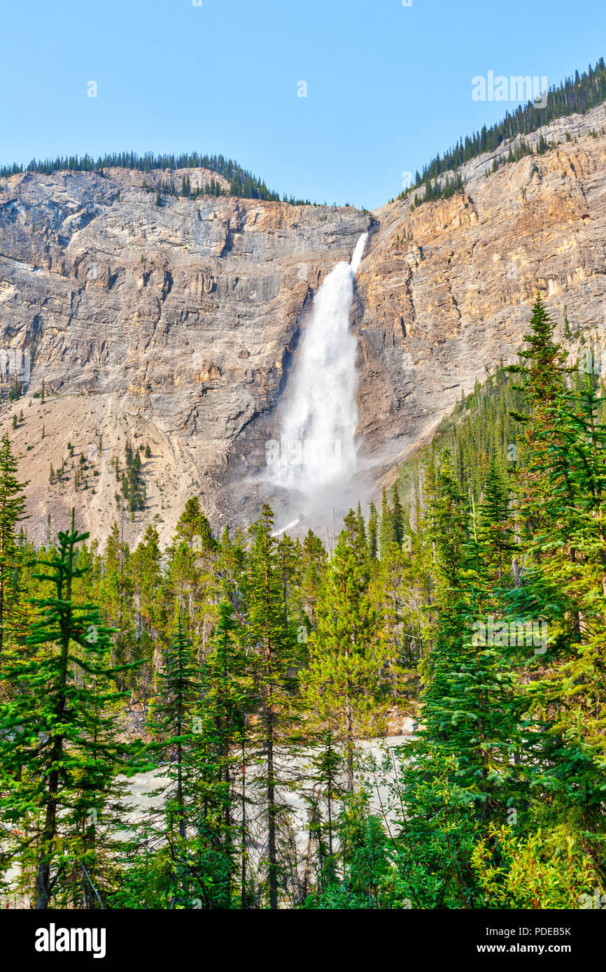 Potente delle Cascate di Takakkaw nel Parco Nazionale di Yoho vicino campo, British Columbia, Canada. Il Ghiacciaio-alimentato cascata è uno dei più alti in Canada. Foto Stock