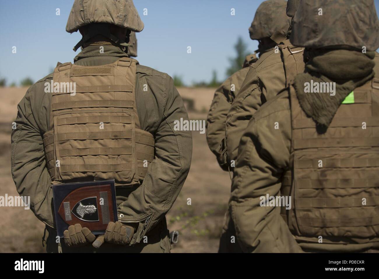 Una Marina sorge in formazione con un dono dell'esercito finlandese è stato insignito per la sua partecipazione in esercizio freccia 18 in Pohjankangas Area Formazione vicino Kankaanpaa, Finlandia, 18 maggio 2018. Esercizio freccia è un finlandese annuale multi-nazionale esercizio con lo scopo di una formazione di fanteria meccanizzata, artiglieria e mortaio la formazione sul campo competenze nell'esercitazione a fuoco. Questo è il primo anno i Marines Corps è che partecipano a questo esercizio e per la prima volta la M1A1 Abrams serbatoi sono stati in Finlandia. Foto Stock