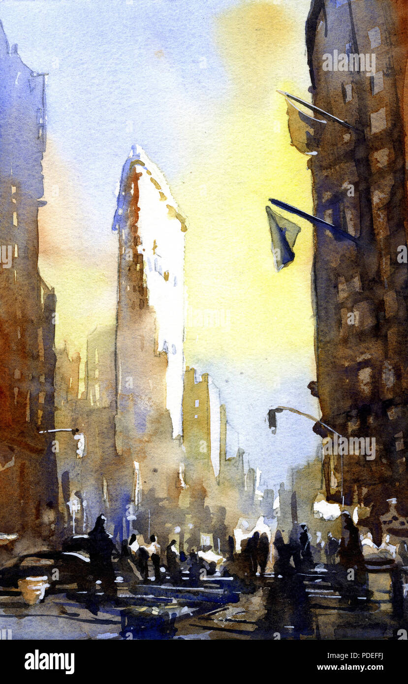 La pittura ad acquerello del storico Flat Iron Building di New York City - New York al tramonto Foto Stock