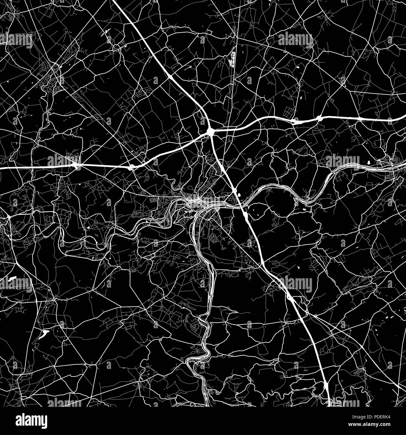 Mappa Area di Namur, Belgio. Sfondo scuro versione per una infografica e marketing. Questa mappa di Namur, la Vallonia, contiene strade, le vie navigabili e la ferrovia Illustrazione Vettoriale