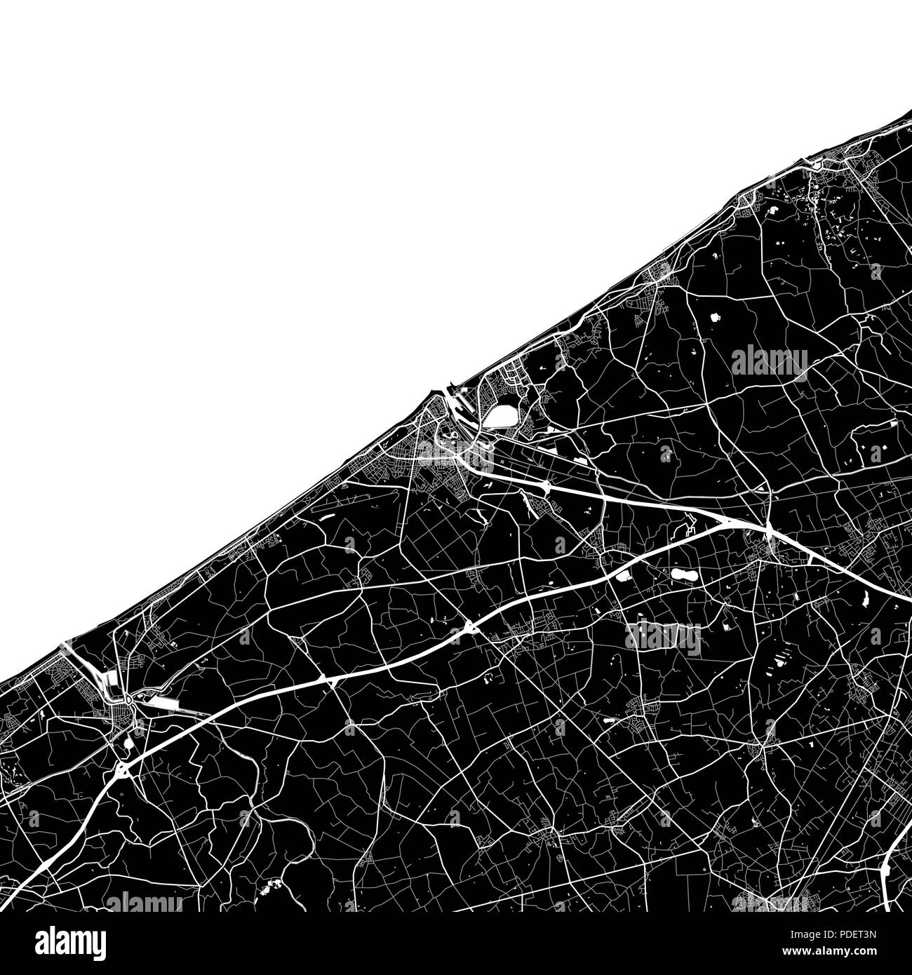 Mappa Area di Ostenda, Belgio. Sfondo scuro versione per una infografica e marketing. Questa mappa di Ostenda, Regione fiamminga, contiene strade, vie navigabili Illustrazione Vettoriale