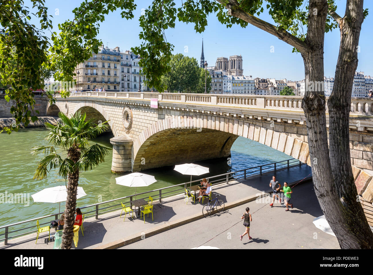 Le persone andare a fare jogging o sorseggiare un drink sulle rive della Senna durante Paris-Plage evento estivo, con la cattedrale di Notre Dame di Parigi in background. Foto Stock