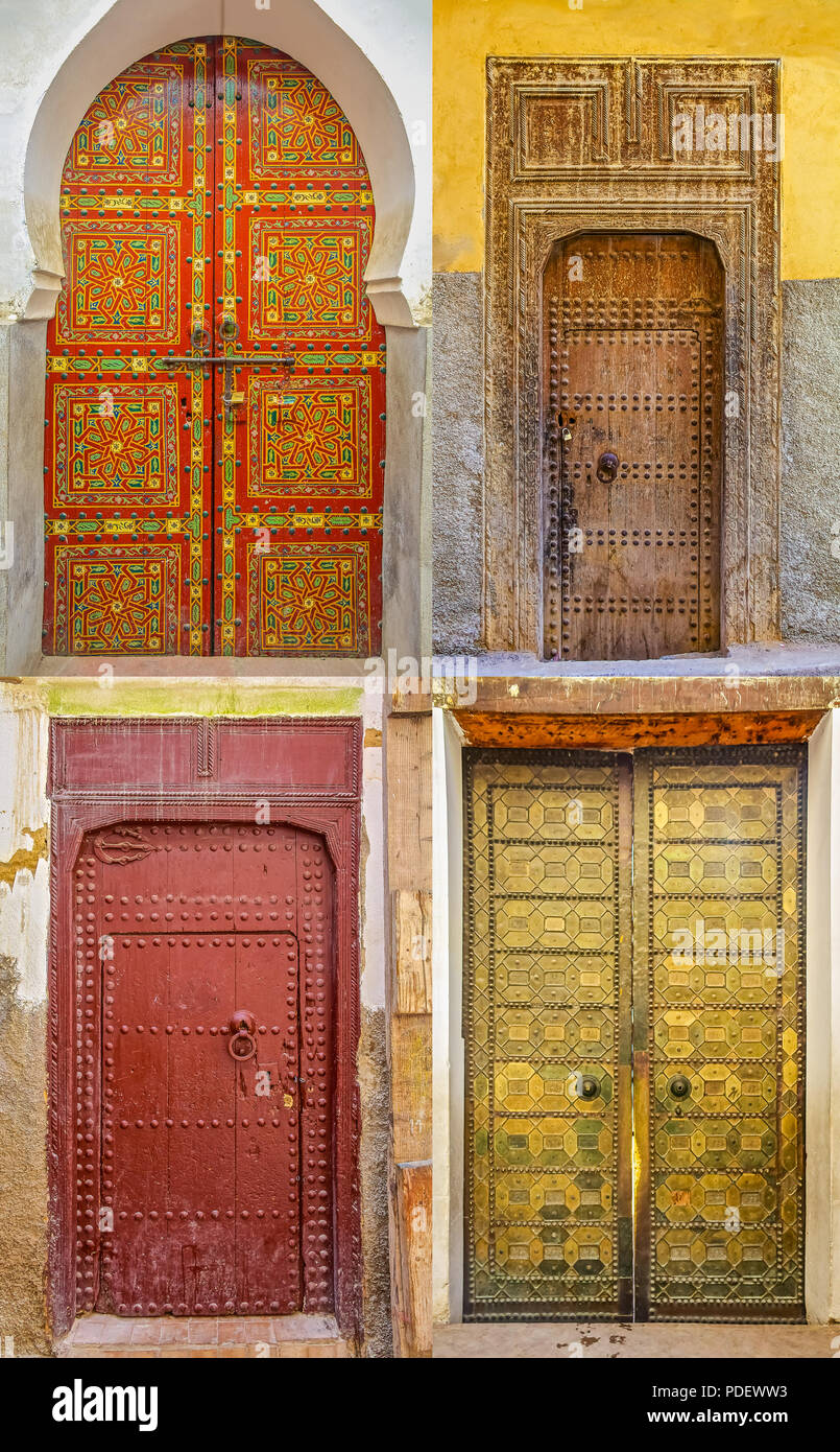 Collage di vecchi tradizionali in Legno complessamente intarsiato e costellato di porte marocchino Foto Stock