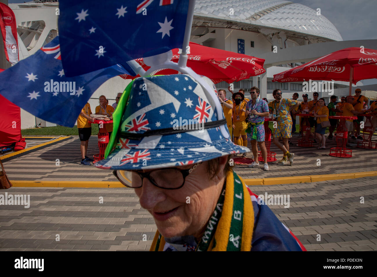 I fan della nazionale australiana il tifo prima partita in Australia e in Perù sulla Coppa del Mondo FIFA 2018 in Sochi, Russia Foto Stock