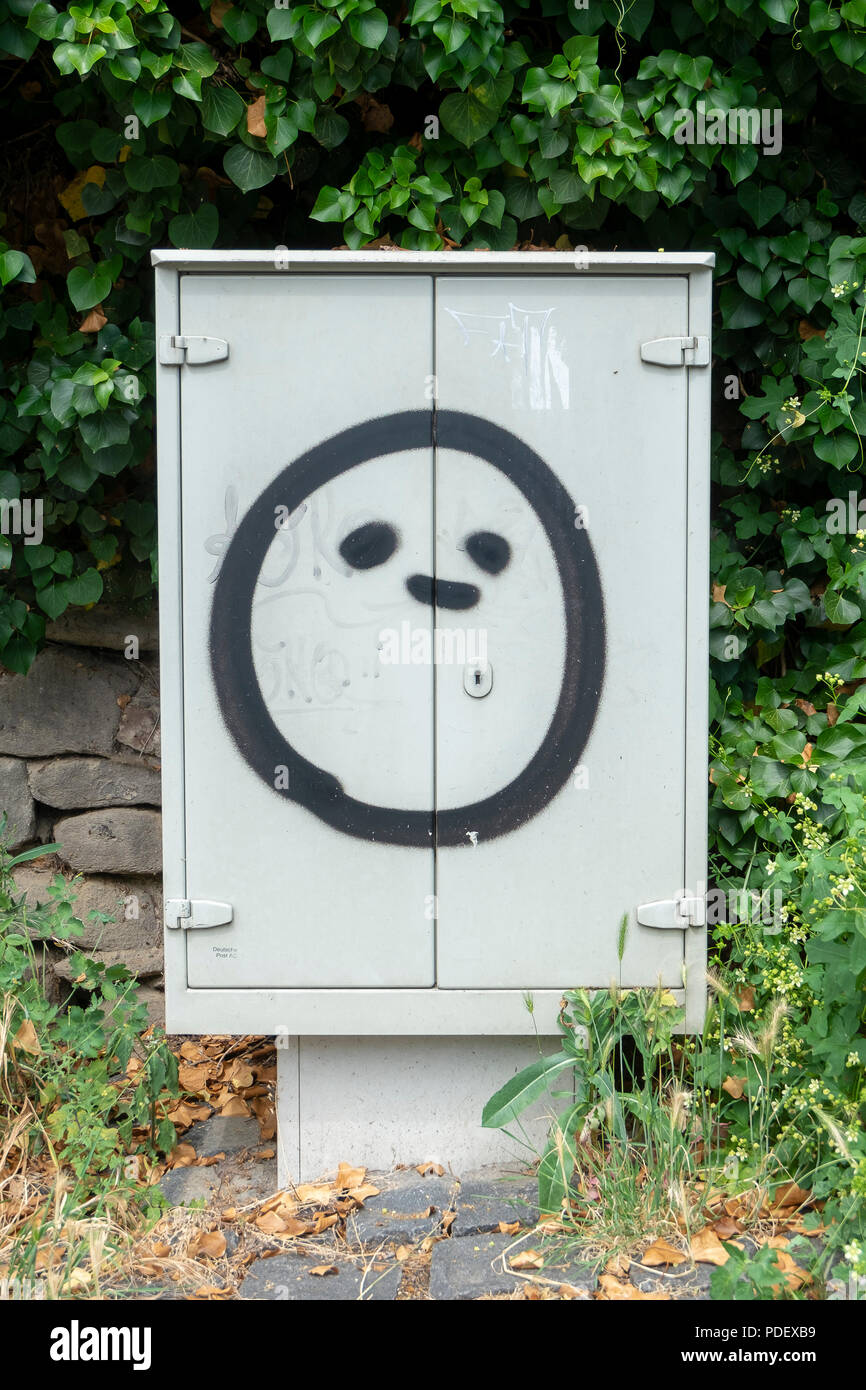 Graffito su una casella di controllo mostra una faccia Foto Stock