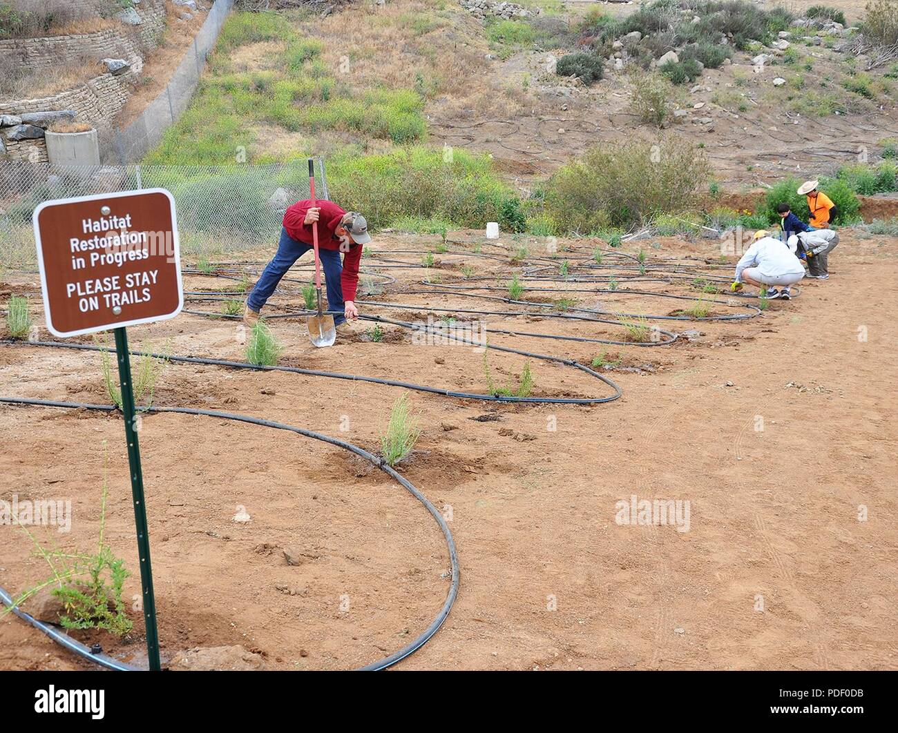 I lavoratori messi i tocchi di rifinitura sul gocciolamento sistema di irrigazione per la nuova vegetazione piantato da circa 120 volontari durante un maggio 12 comunità restauro-piantando evento in Norco, California. L'evento è stato ospitato dal governo degli STATI UNITI Esercito di ingegneri di Los Angeles District, il suo contraente e la città di Norco come uno sforzo congiunto per aiutare a ripristinare la zona torna al suo habitat naturale. Foto Stock