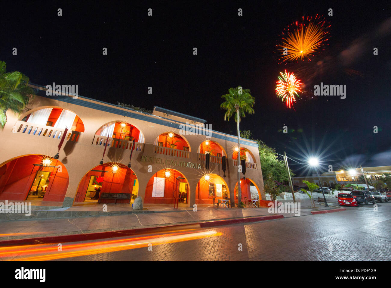 Vista esterna del Hotel California in Todos Santos, Baja California Sur, Messico. Foto Stock