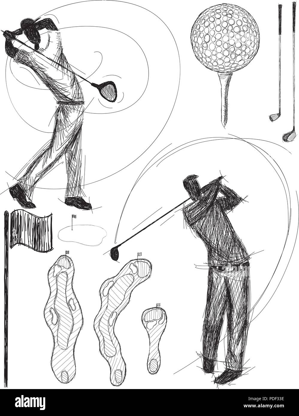 Il Golfer swinging scarabocchi. Disegnata a mano golfisti driver oscillante lungo con altri golf scarabocchi. Illustrazione Vettoriale