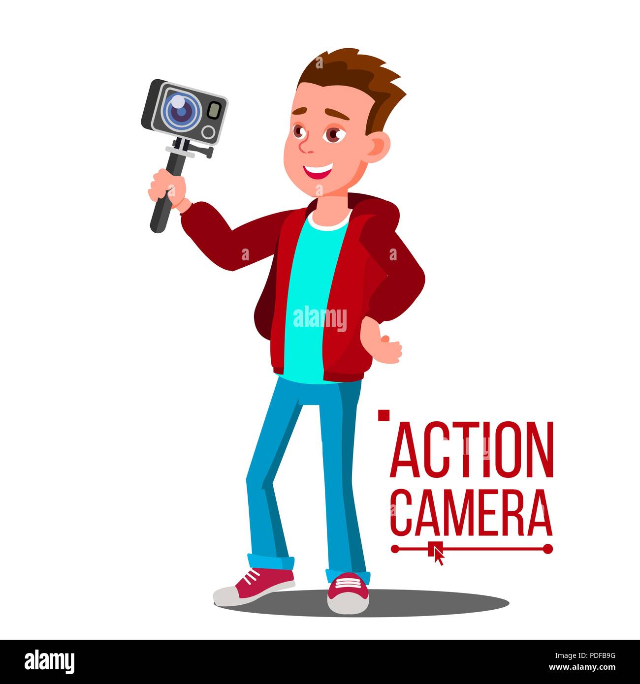 Bambino ragazzo con azione vettore della fotocamera. Video di auto, ritratto. Processo di ripresa. Isolato illustrazione Cartoon Illustrazione Vettoriale