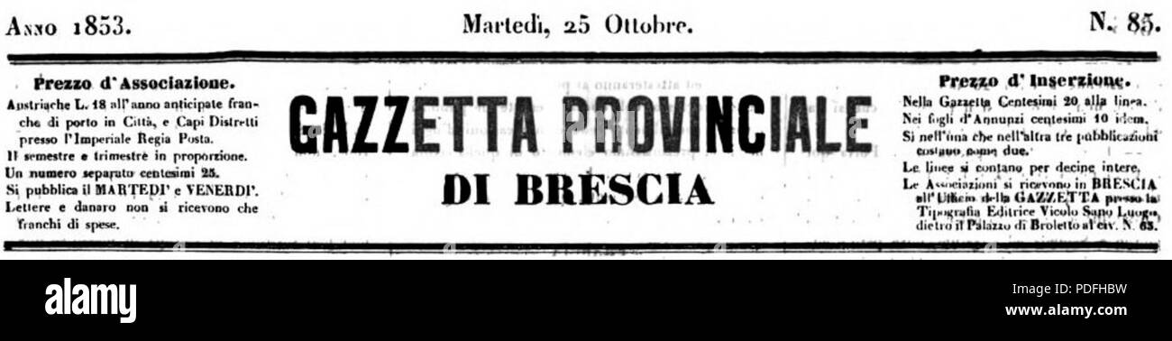 139 Gazzetta provinciale di Brescia 18531025 testata Foto Stock