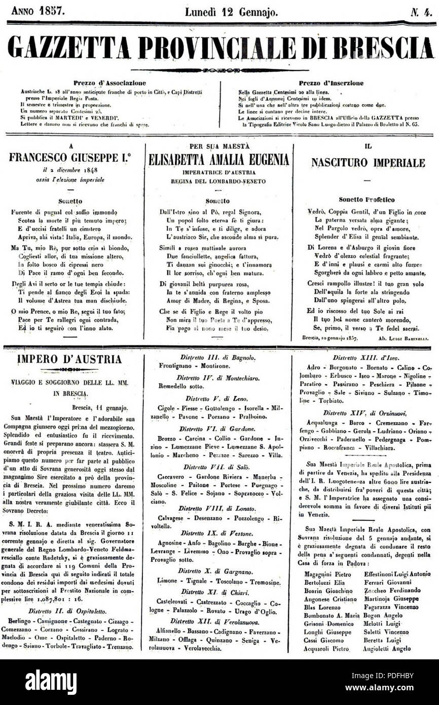 139 Gazzetta provinciale di Brescia 18570112 prima pagina Foto Stock