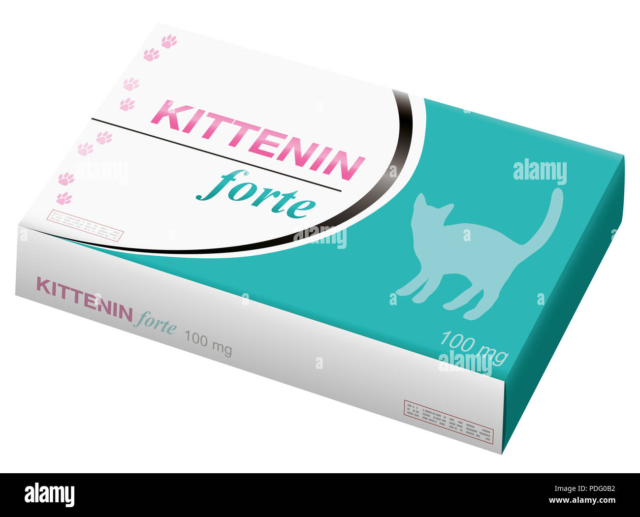 Gatti medicina con silhouette e tracce di un gatto. Medico Veterinario fake prodotto denominato KITTENIN FORTE - illustrazione su bianco backgro Foto Stock