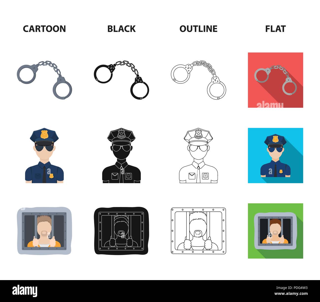 Manette, poliziotto, prigioniero, torcia elettrica.La polizia set di icone di raccolta in cartoon,Black,contorno,stile piatto simbolo vettore illustrazione stock Illustrazione Vettoriale