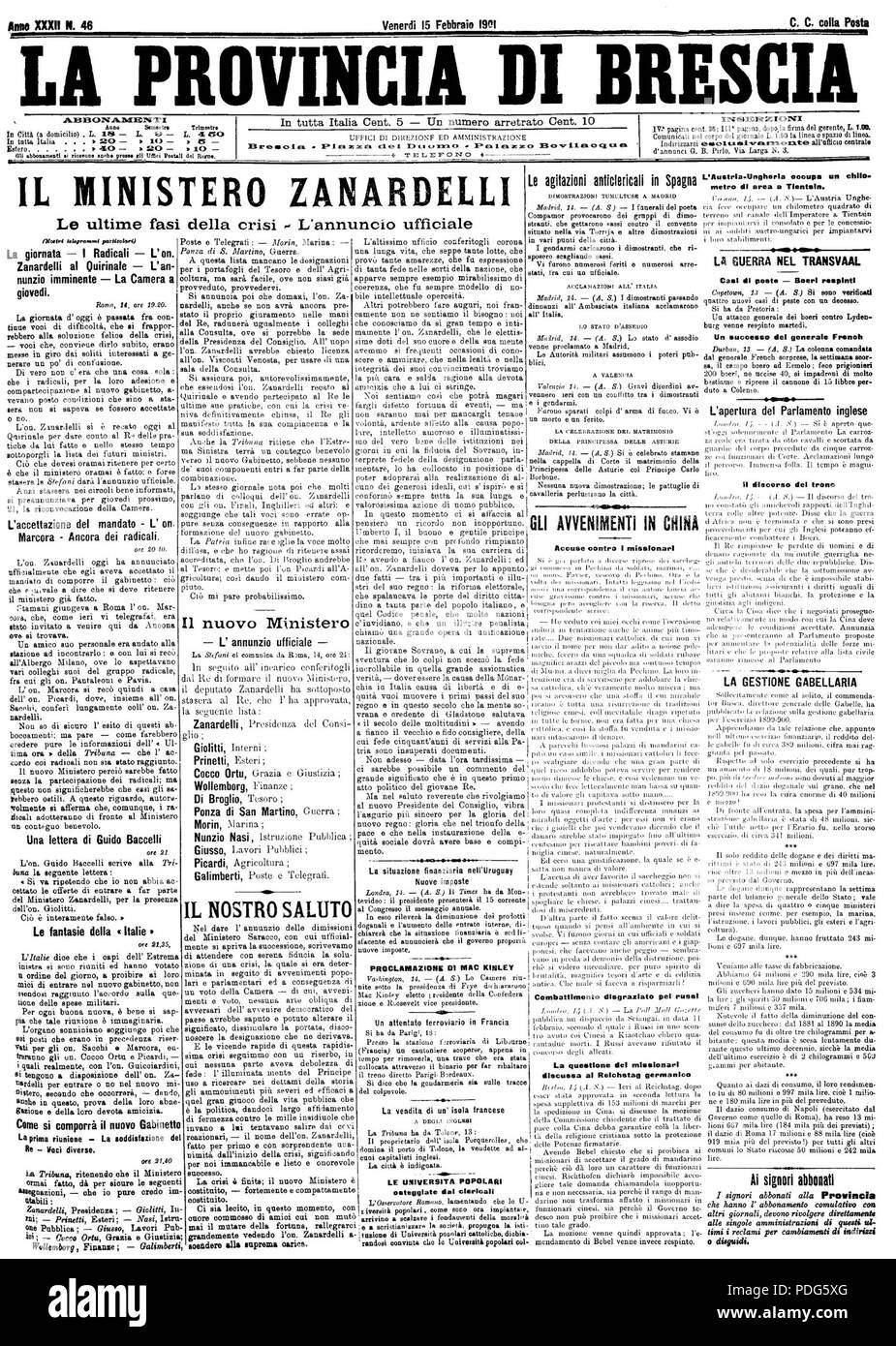 La prima pagina de La Provincia di Brescia del 15 febbraio 1901. Zanardelli e' stato incaricato di formare il governo 193 La Provincia di Brescia 19010215 incarico Zanardelli Foto Stock