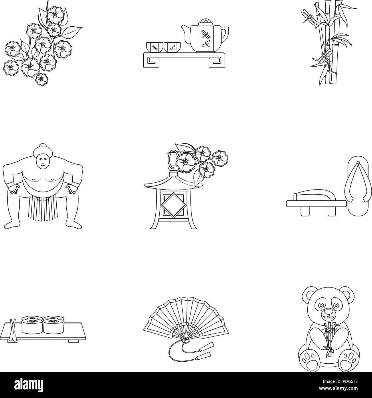 Giappone impostare le icone in stile contorno. Grande raccolta di Giappone vettore stock di simbolo Illustrazione Vettoriale