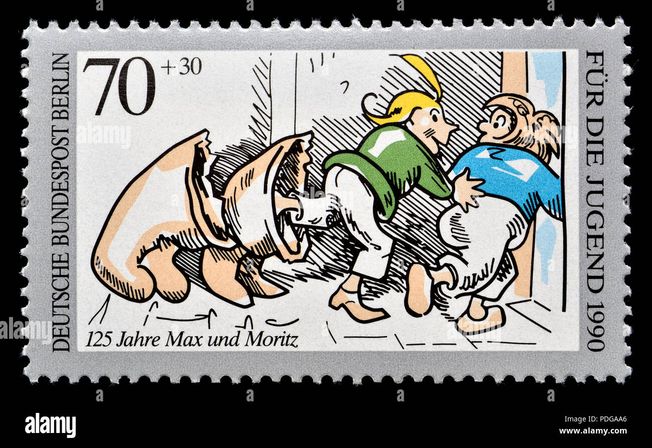Il tedesco francobollo (Berlino: 1990) : timbro commemorativo 125 anni di 'Max e Moritz (una storia di sette fanciullesco scherzi)" (tedesco: Max und Moritz...... Foto Stock