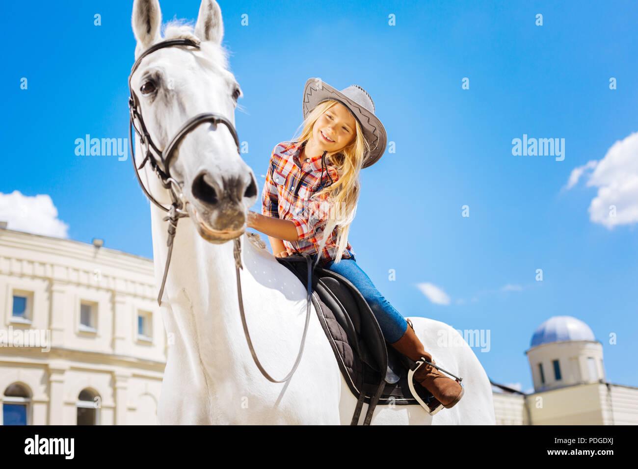 Trasmissione via IR di schoolgirl toccando il suo bianco cavallo da corsa Foto Stock