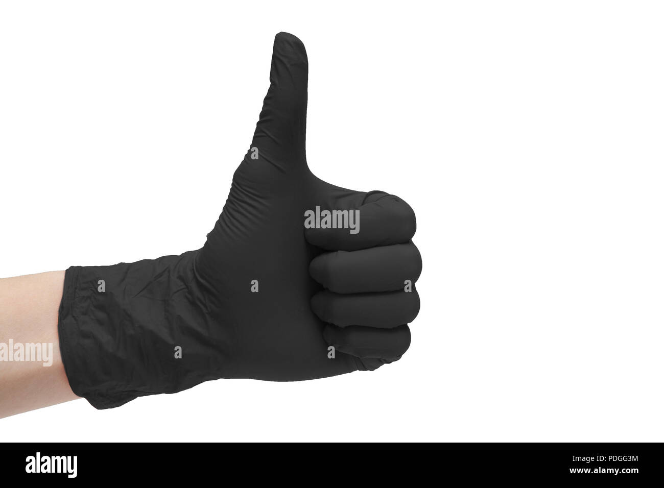 Come segno icona resa del nero guanti medicali. Mano dito in alto il simbolo. Thumbs up gesto. Isolato su sfondo bianco Foto Stock