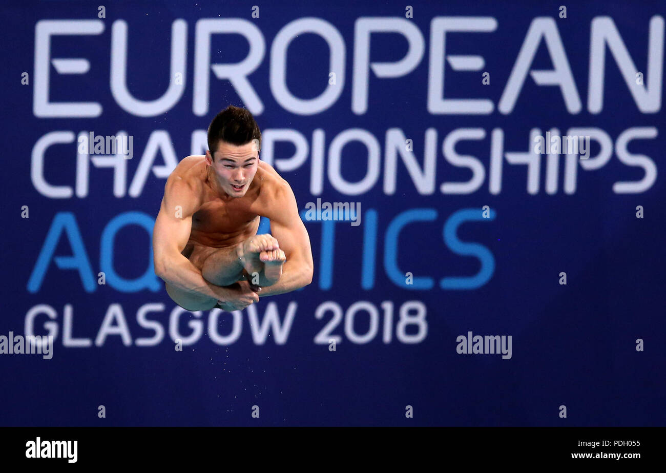 La Gran Bretagna è Daniel Goodfellow in azione in Uomini 3m Springboard diving concorrenza durante il giorno otto del 2018 Campionati Europei presso il Royal Commonwealth Pool, Edimburgo. Foto Stock