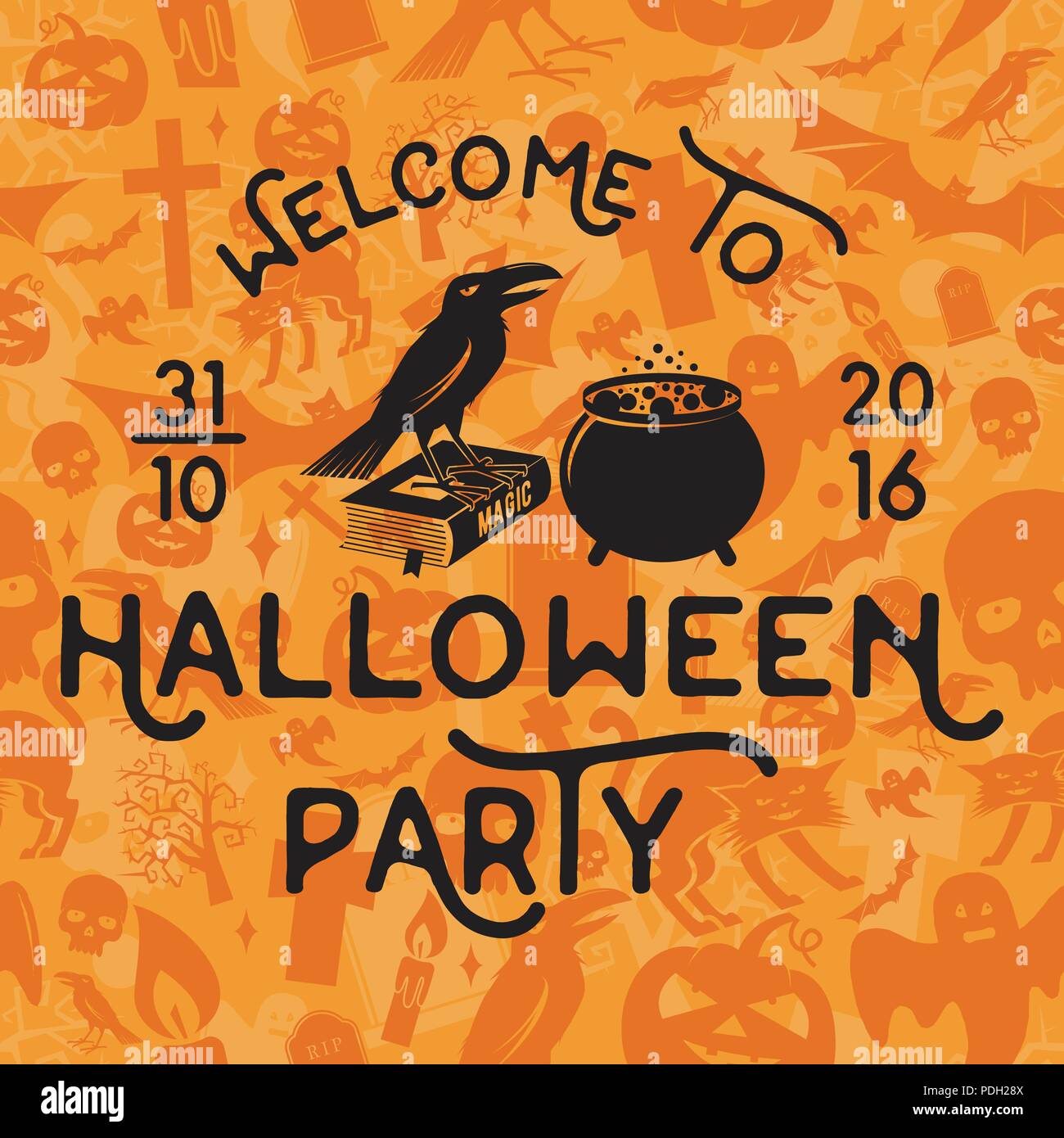 Benvenuti alla festa di Halloween. Vettore di Halloween badge retrò. Concetto di camicia, logo, Stampa, Timbro, guarnizione o patch. Crow, libro magico e pot. Halloween de Illustrazione Vettoriale