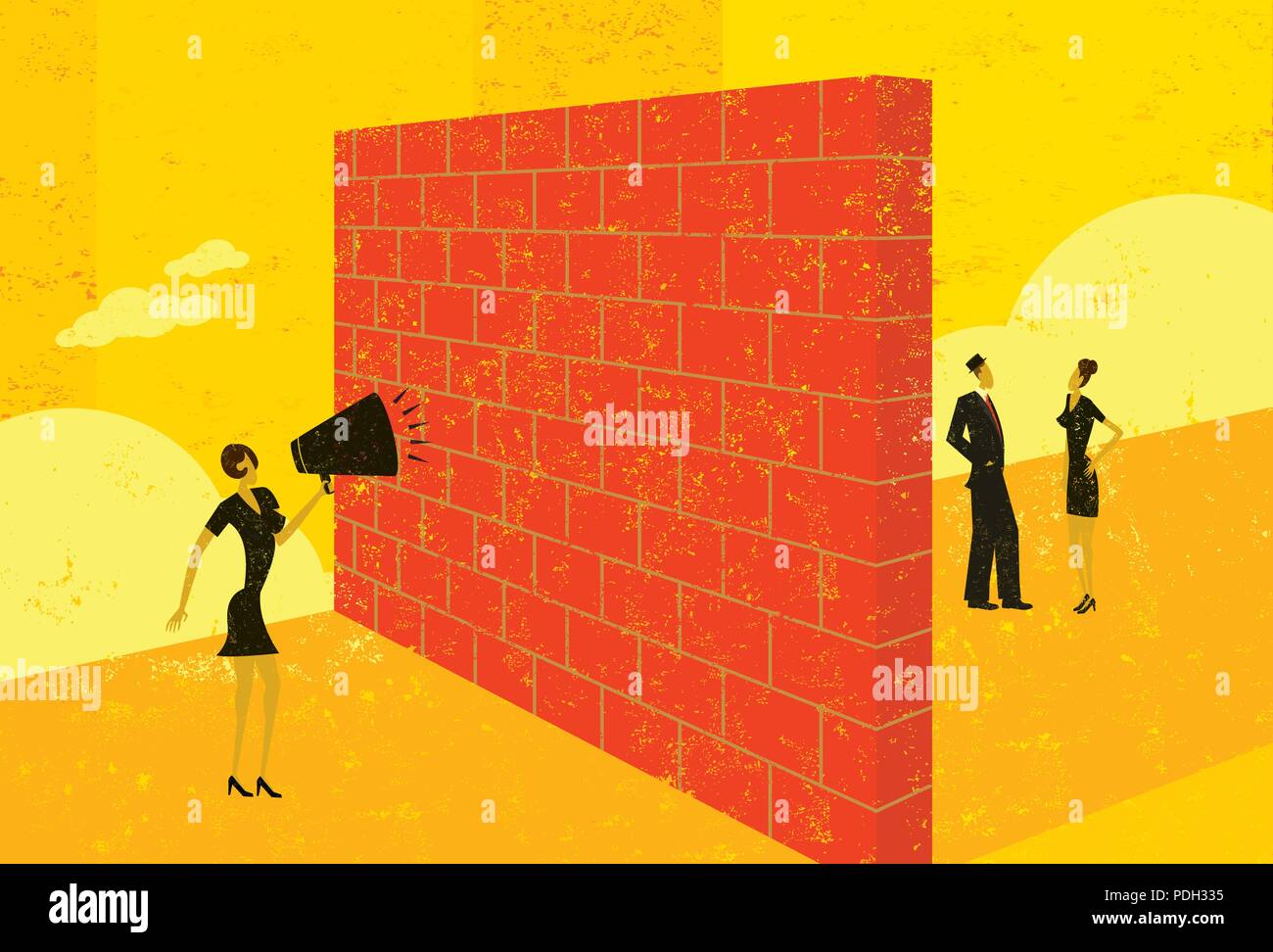 Gridava a un muro di mattoni. Una imprenditrice gridando in corrispondenza di un muro di mattoni che rappresenta una barriera per la sua capacità di raggiungere i clienti potenziali. Illustrazione Vettoriale