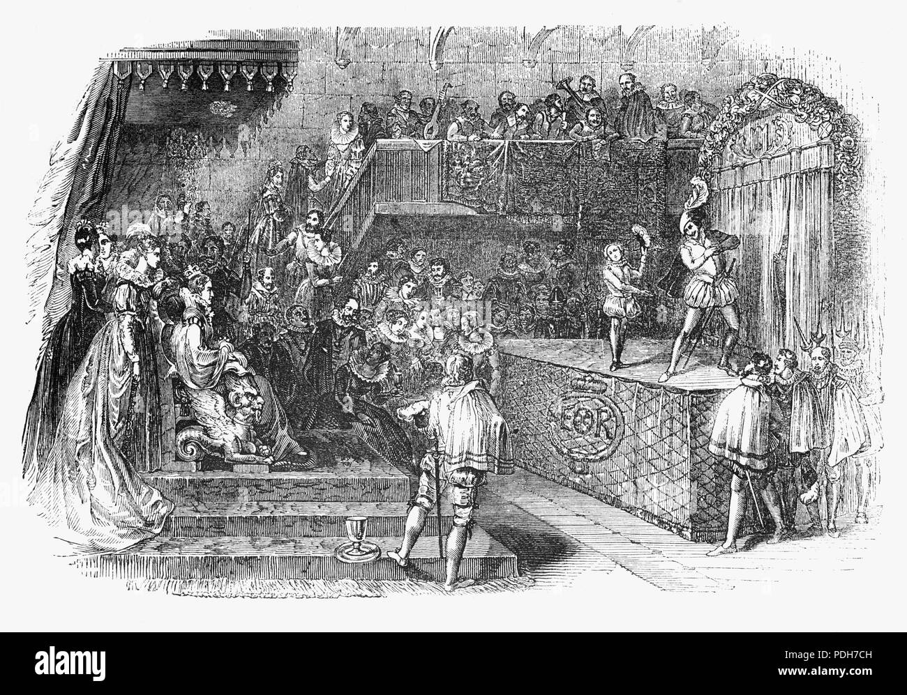 La regina Elisabetta I la visione di un gioco. Con Elisabetta, il dramma è stato un'espressione unitaria per quanto riguarda la classe sociale era interessato: la Corte ha guardato lo stesso svolge i popolani vide nel pubblico playhouses. Inglese teatro rinascimentale-noto anche come early modern il teatro inglese e Elizabethan Theatre-si riferisce al teatro di Inghilterra tra il 1562 e 1642 Scritto da William Shakespeare, Christopher Marlowe e Ben Jonson. Foto Stock