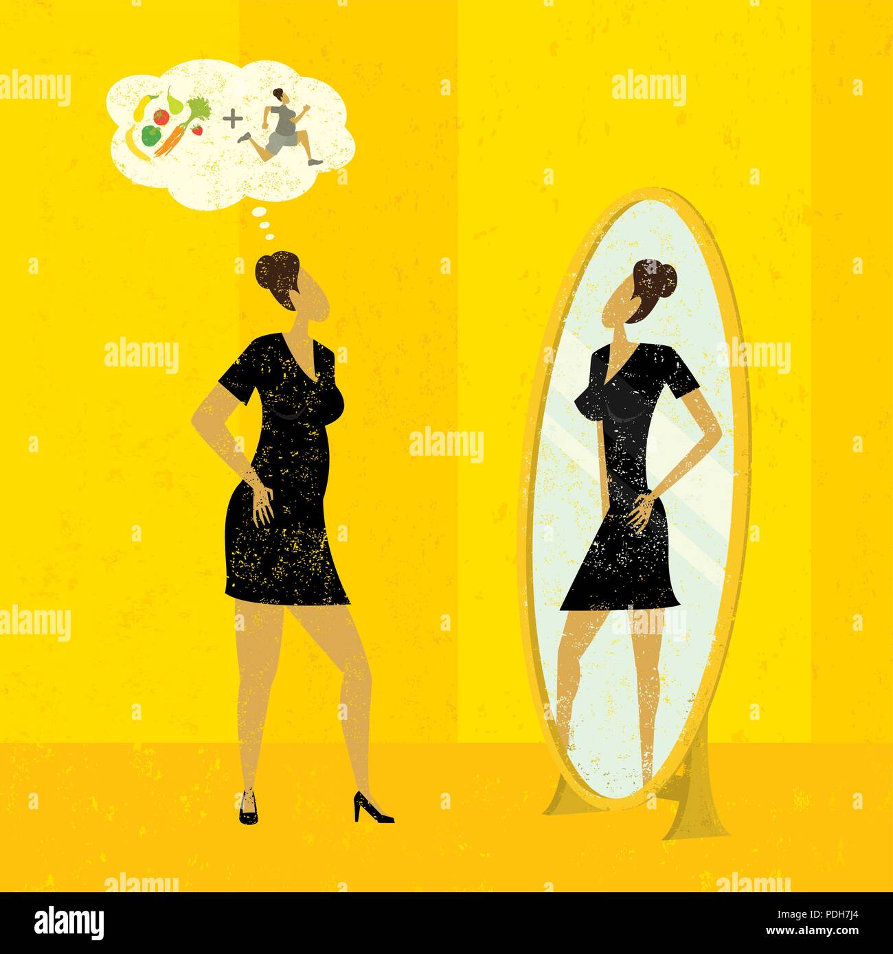 Immaginare una figura più snella. Una donna guarda in uno specchio e vede la versione più sottile di se stessa che si può ottenere con la dieta ed esercizio fisico. Illustrazione Vettoriale