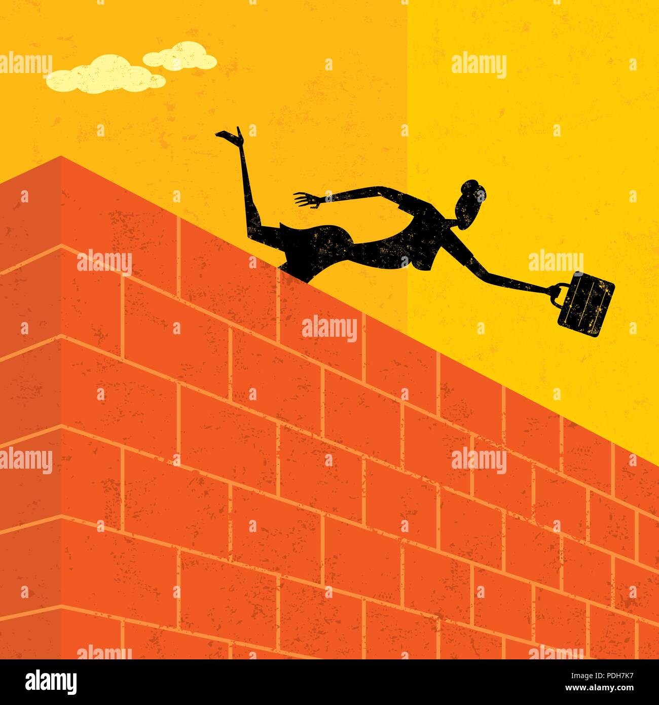 Saltando su un muro di mattoni. Una imprenditrice saltando su un muro di mattoni per raggiungere il suo obiettivo. Illustrazione Vettoriale