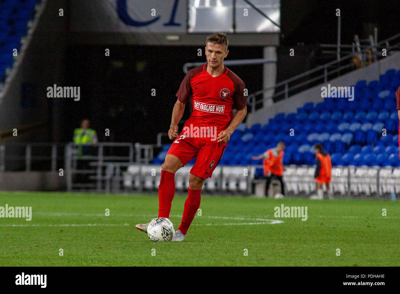 Cardiff City Stadium, il Galles. Il 9 agosto, 2018. Welsh Premier League host TNS fuoriclasse danese FC Midtjylland al Cardiff City Stadium in Europa League terzo turno di qualificazione. Lewis Mitchell/YCPD. Foto Stock