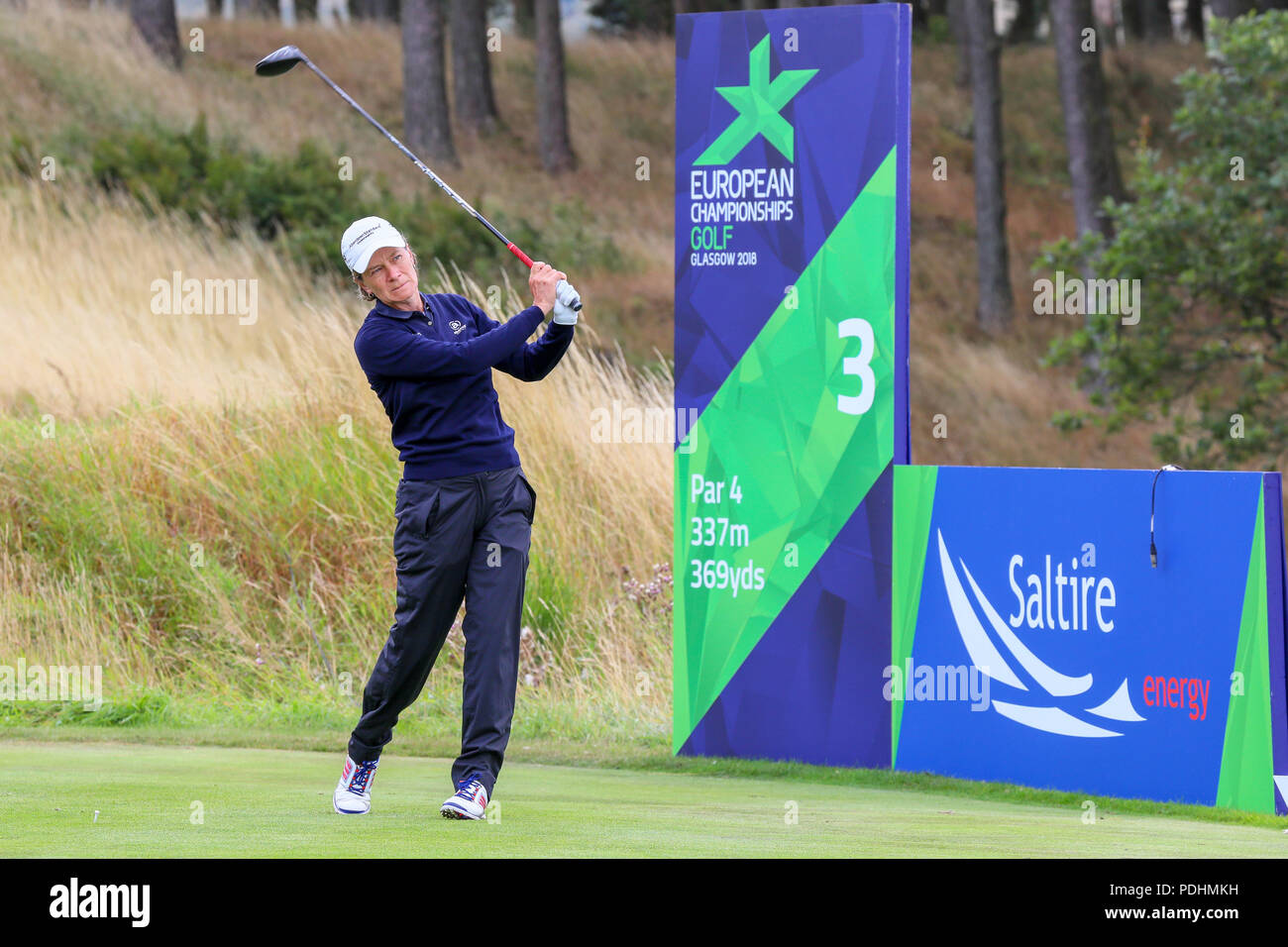 Gleneagles, Scotland, Regno Unito. 10 Agosto, 2018. Il Fourball Match Play prosegue con l'abbinamento di Catriona Matthew e Holly Clyburn che rappresentano la gran bretagna giocando contro Cajsa Persson e Linda Wessberg della Svezia. Matteo off di rinvio al terzo credito: Findlay/Alamy Live News Foto Stock