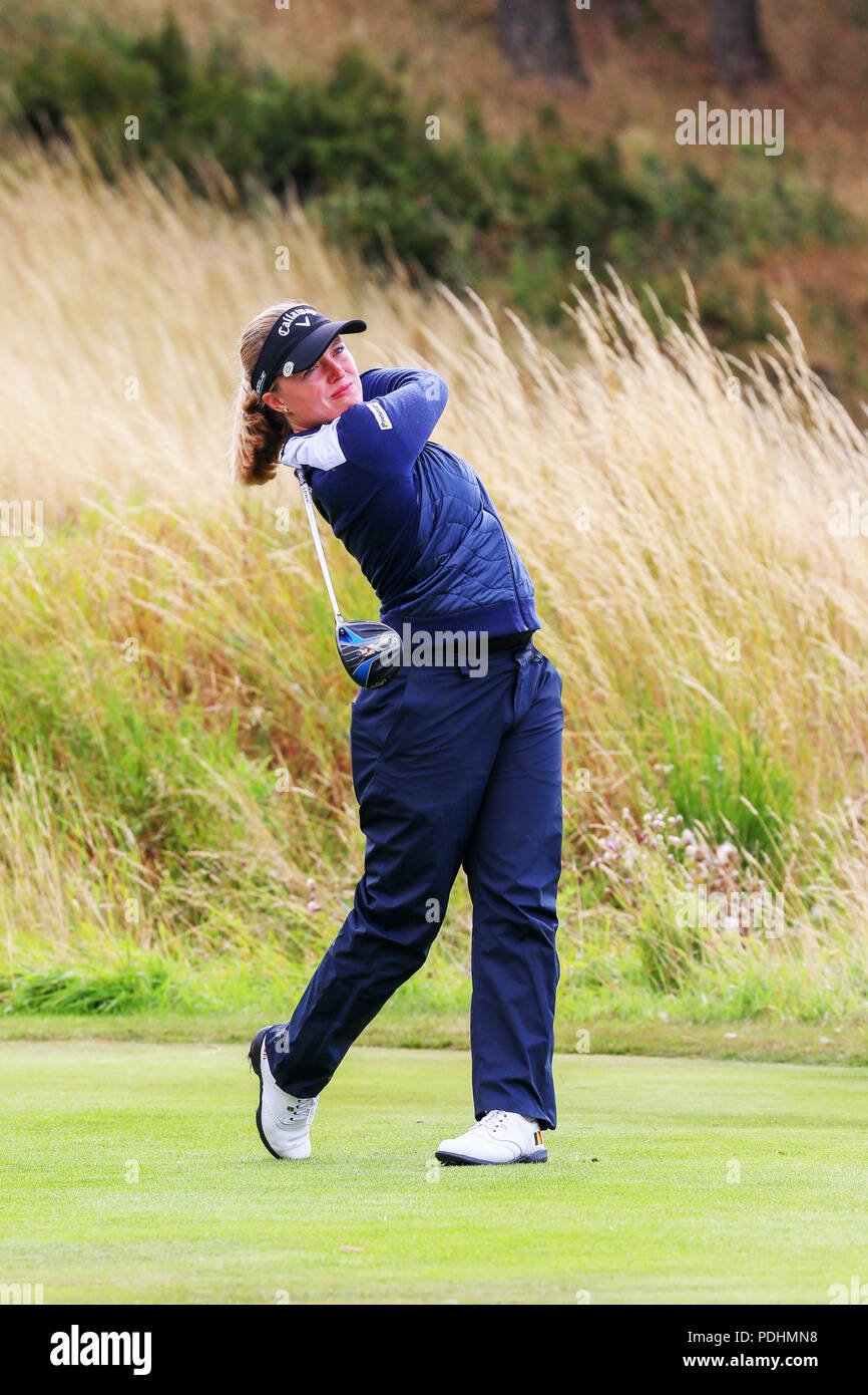 Gleneagles, Scotland, Regno Unito. 10 Agosto, 2018. Il Fourball Match Play prosegue con l'abbinamento di Georgia Hall e Laura Davies che rappresentano la Gran Bretagna giocando contro Chloe Leurquin e Manon De Roey del Belgio Credito: Findlay/Alamy Live News Foto Stock