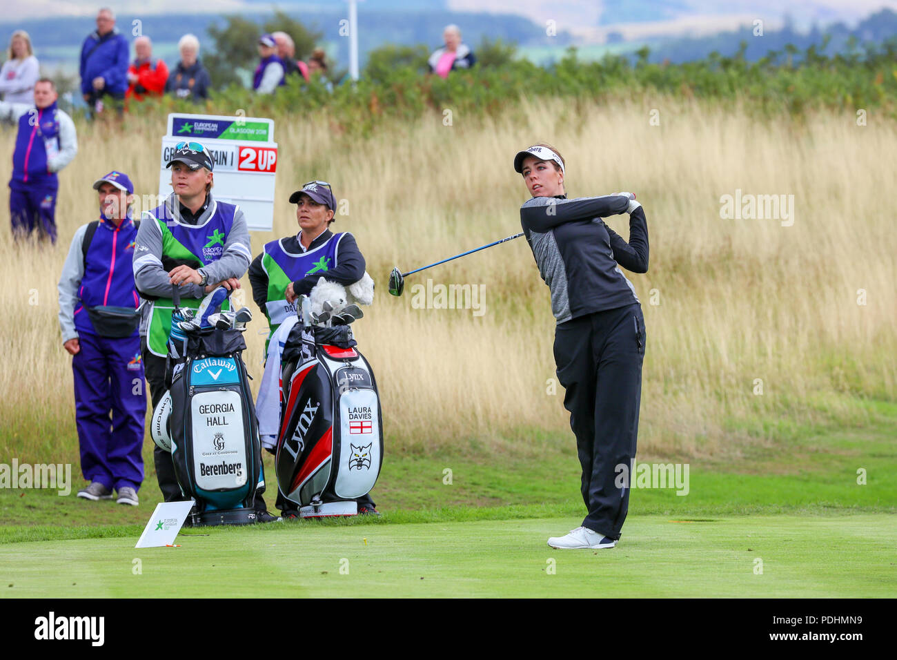 Gleneagles, Scotland, Regno Unito. 10 Agosto, 2018. Il Fourball Match Play prosegue con l'abbinamento di Georgia Hall e Laura Davies che rappresentano la Gran Bretagna giocando contro Chloe Leurquin e Manon De Roey del Belgio Credito: Findlay/Alamy Live News Foto Stock