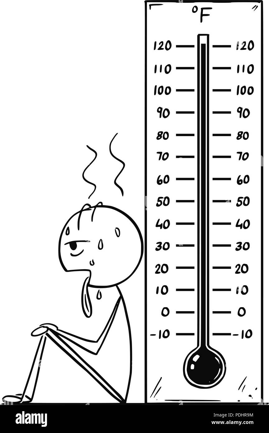 Cartoon di surriscaldato o esaurito uomo e termometro Fahrenheit mostra Extreme Hot meteo o di calore Illustrazione Vettoriale