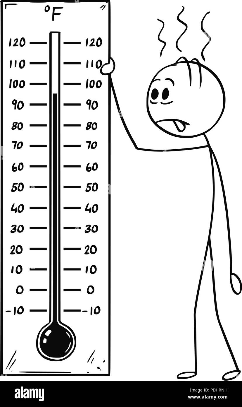 Cartoon di uomo con termometro Fahrenheit mostra tempo caldo o calore Illustrazione Vettoriale