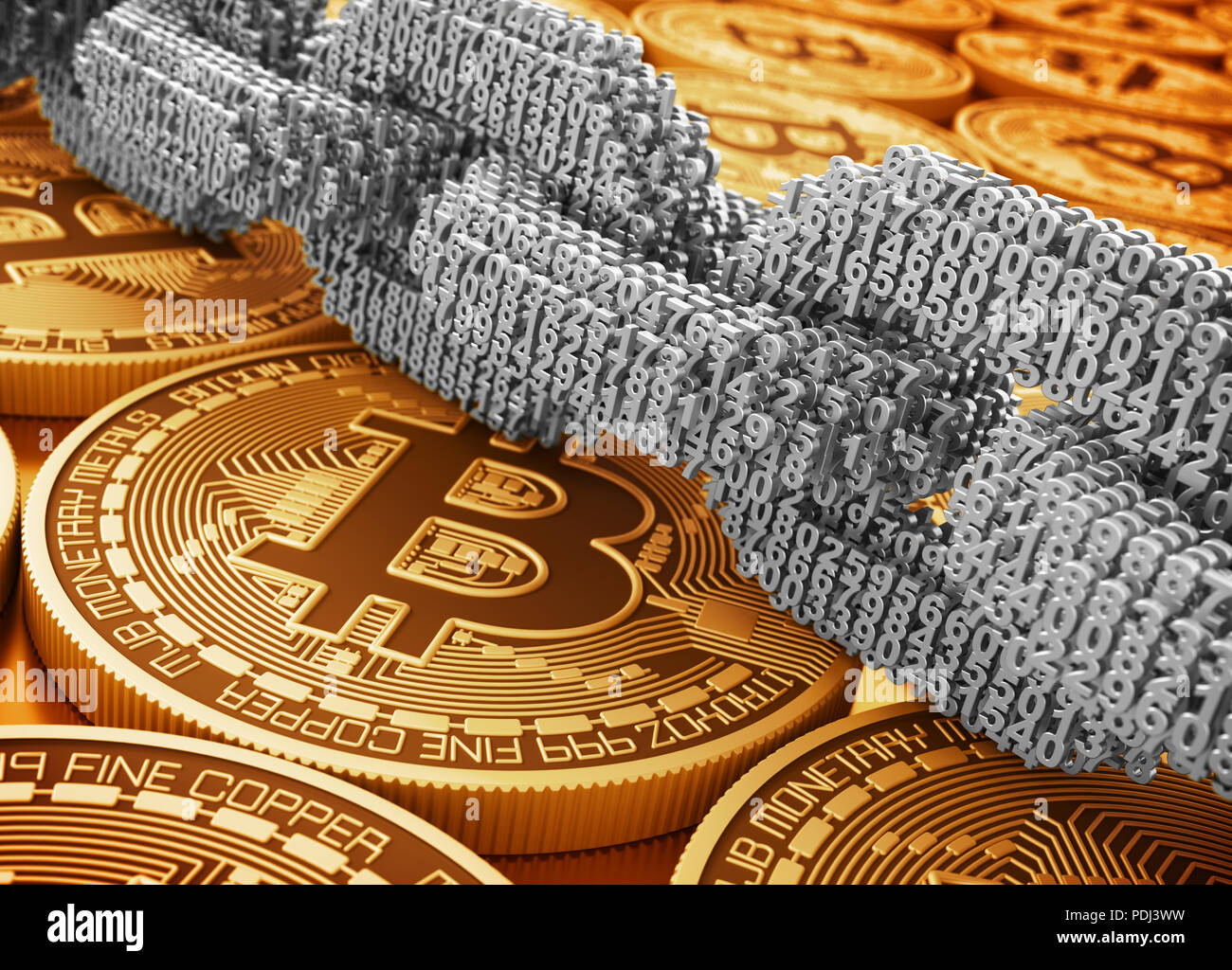 Argento catena digitale di interconnessi 3D Numeri e Golden Bitcoins. 3D'illustrazione. Foto Stock