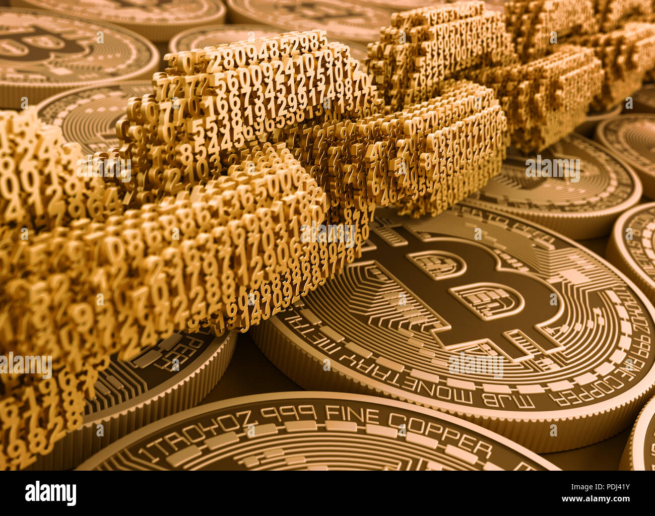 Concetto di Blockchain. Catena digitale di interconnessi 3D i numeri sul Bitcoins. 3D'illustrazione. Foto Stock