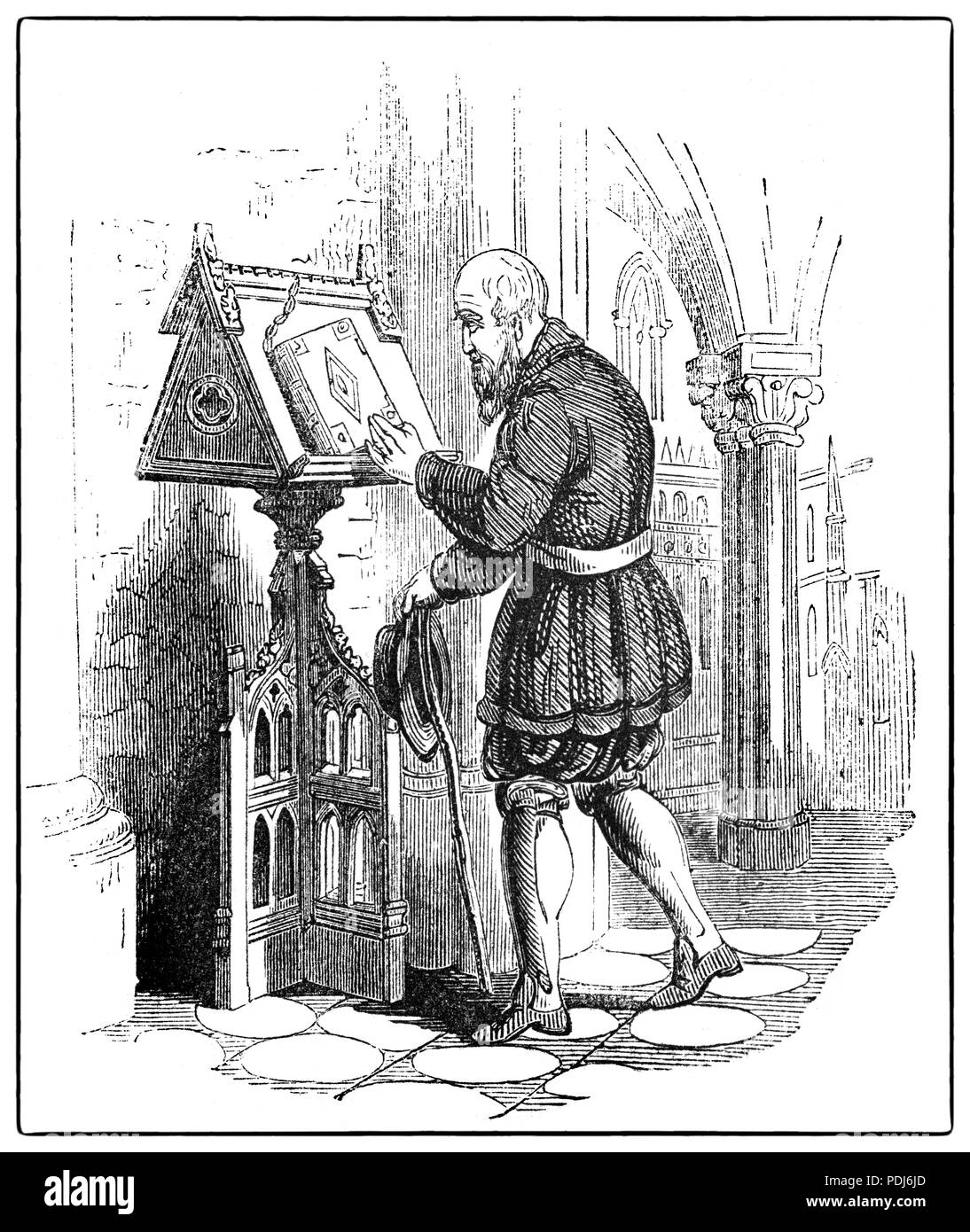 La grande Bibbia di 1539 è stata la prima edizione autorizzata della Bibbia in lingua inglese, autorizzati dal Re Enrico VIII d'Inghilterra per essere lette ad alta voce nella chiesa servizi della chiesa di Inghilterra. La grande Bibbia è stata preparata da Myles Coverdale, lavorando sotto commissione di Thomas Cromwell, Vicario Generale. In 1538, Cromwell diretto il clero di fornire "un libro della Bibbia del maggior volume in lingua inglese e lo stesso impostato in qualche luogo comodo ... dove i vostri parrocchiani può leggerlo.". Era anche noto come incatenato la Bibbia, poiché è stato concatenati per impedire il distacco dalla chiesa. Foto Stock