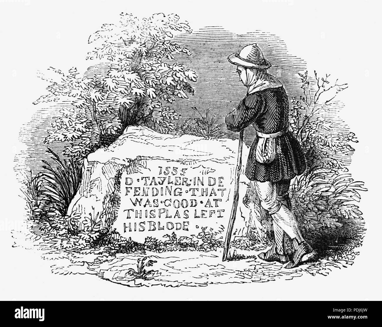 Un unhewn stone marcatura della morte di Rowland Taylor (1510-1555), Rettore nel mercato comune, Hadleigh in Suffolk. Egli è stato arrestato per sei giorni dopo la regina Maria I, salì al trono e caricato con l'accusa di eresia per aver predicato un sermone denunciando la Chiesa Cattolica Romana pratica del celibato clericale. Questi problemi venuti a capo quando la regina Maria ho iniziato un programma di ristabilire il cattolicesimo in Inghilterra. Il 26 marzo 1554, il Consiglio Privy ordinato l'arresto di Taylor e fu condannato a morte. La sua esecuzione ha avuto luogo il 9 febbraio 1555, a Aldham vicino comune di Hadleigh. Foto Stock