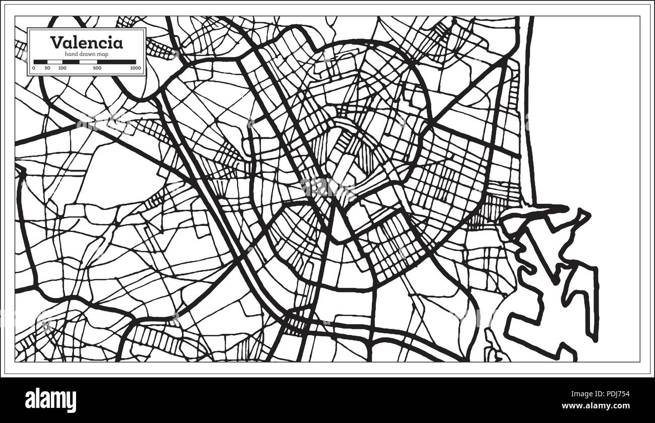 Valencia Spagna Mappa della città in stile retrò. Mappa di contorno. Illustrazione Vettoriale. Illustrazione Vettoriale