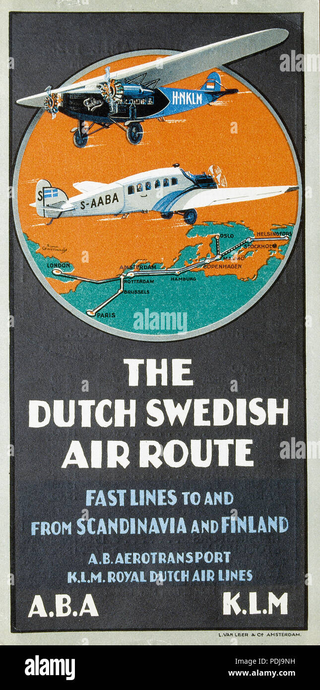 ABA opuscolo pubblicitario circa l'Olandese Svedese via aerea da ABA e KLM. 8 ABA opuscolo pubblicitario circa l'Olandese Svedese via aerea da ABA e KLM Foto Stock