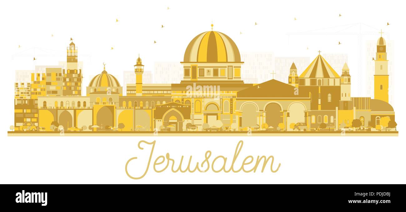 Gerusalemme Israele Skyline Silhouette con edifici d'oro. Illustrazione Vettoriale. Viaggi di affari e di turismo con il concetto di architettura storica. Illustrazione Vettoriale