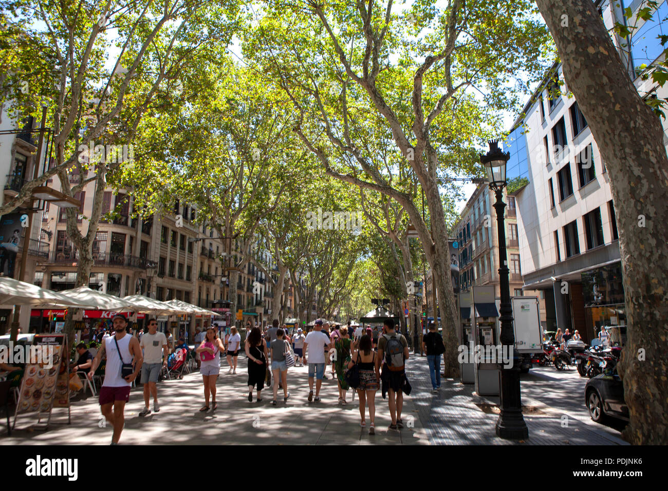 Las Ramblas la famosa strada nel centro di Barcellona, in Catalogna, Spagna nel luglio del periodo estivo Foto Stock