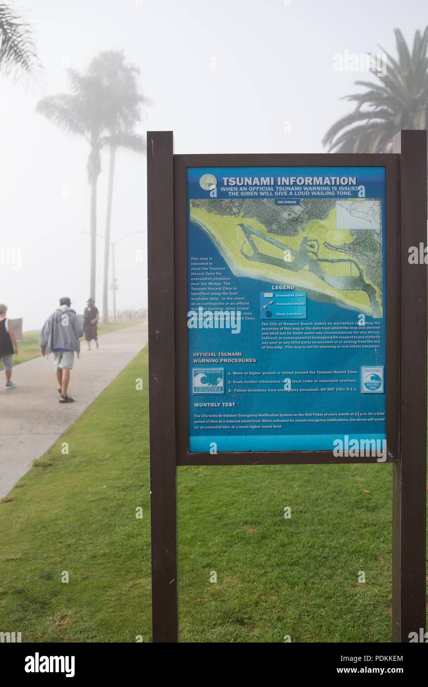 Tsunami informazioni e segno di avvertimento a cuneo Newport Beach California USA Foto Stock