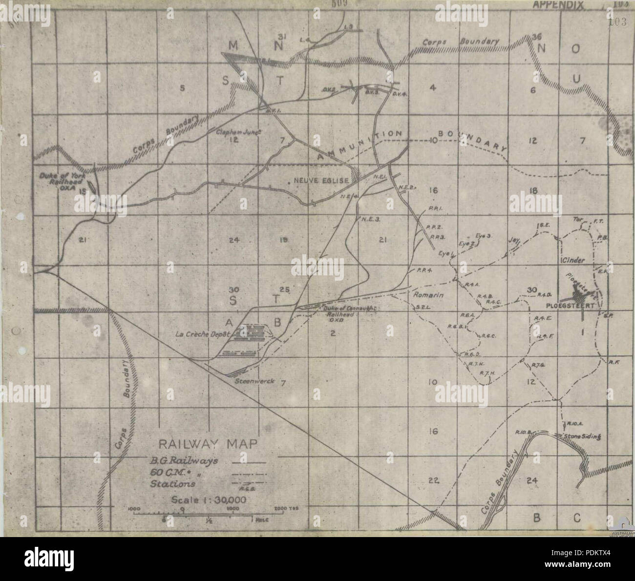 22 Battaglia di Messines - II ANZAC MAPPA FERROVIARIA Foto Stock